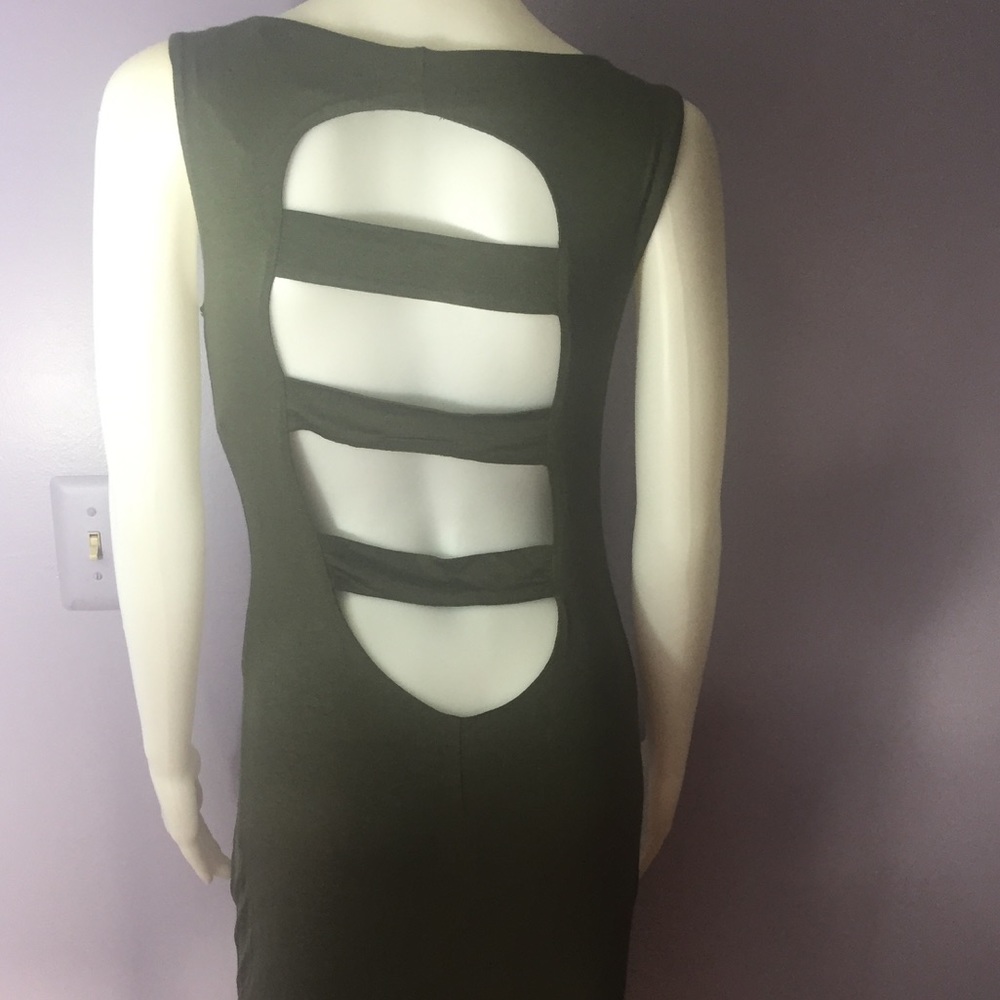 NWT Olive Green Strappy Open Back Body-con Knee Length Dress Small Medium Large - Picture 5 of 5